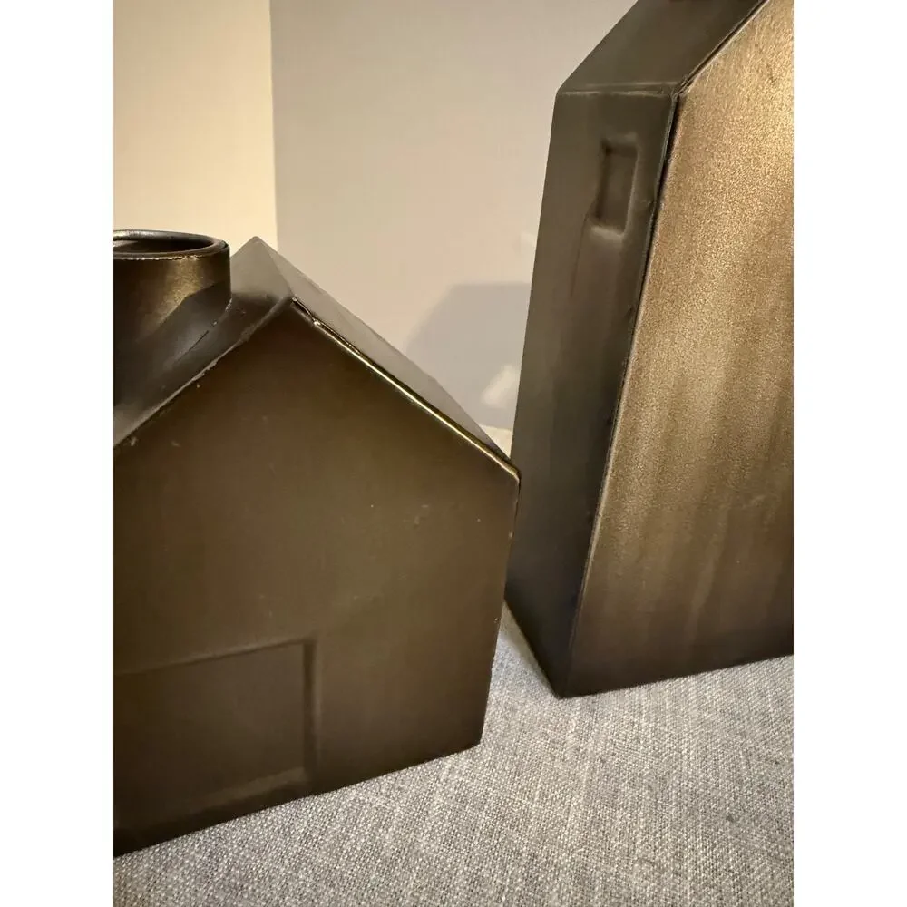 🏠 Set of 2 Metal House Candle Holders Bronze Finish Modern Decor 🕯️